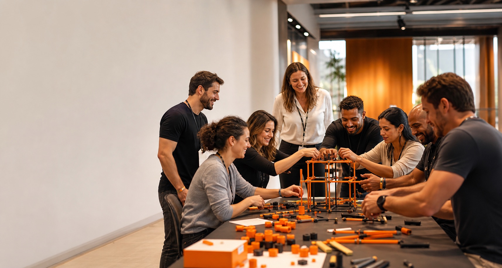 Equipe colaborando em desafio de construção durante treinamento corporativo
